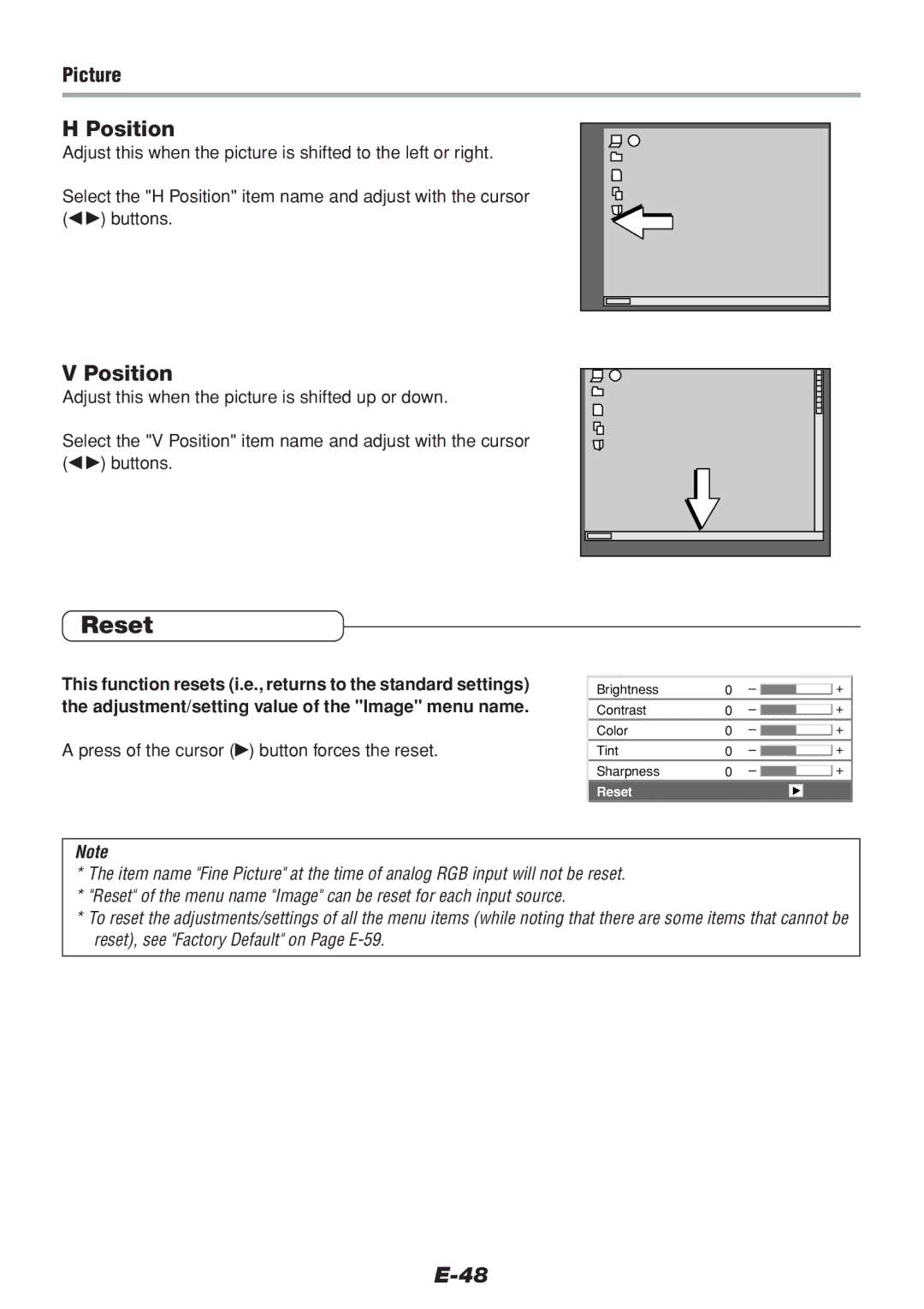 PLUS Vision V-1100Z user manual Reset, Position, Adjustment/setting value of the Image menu name 