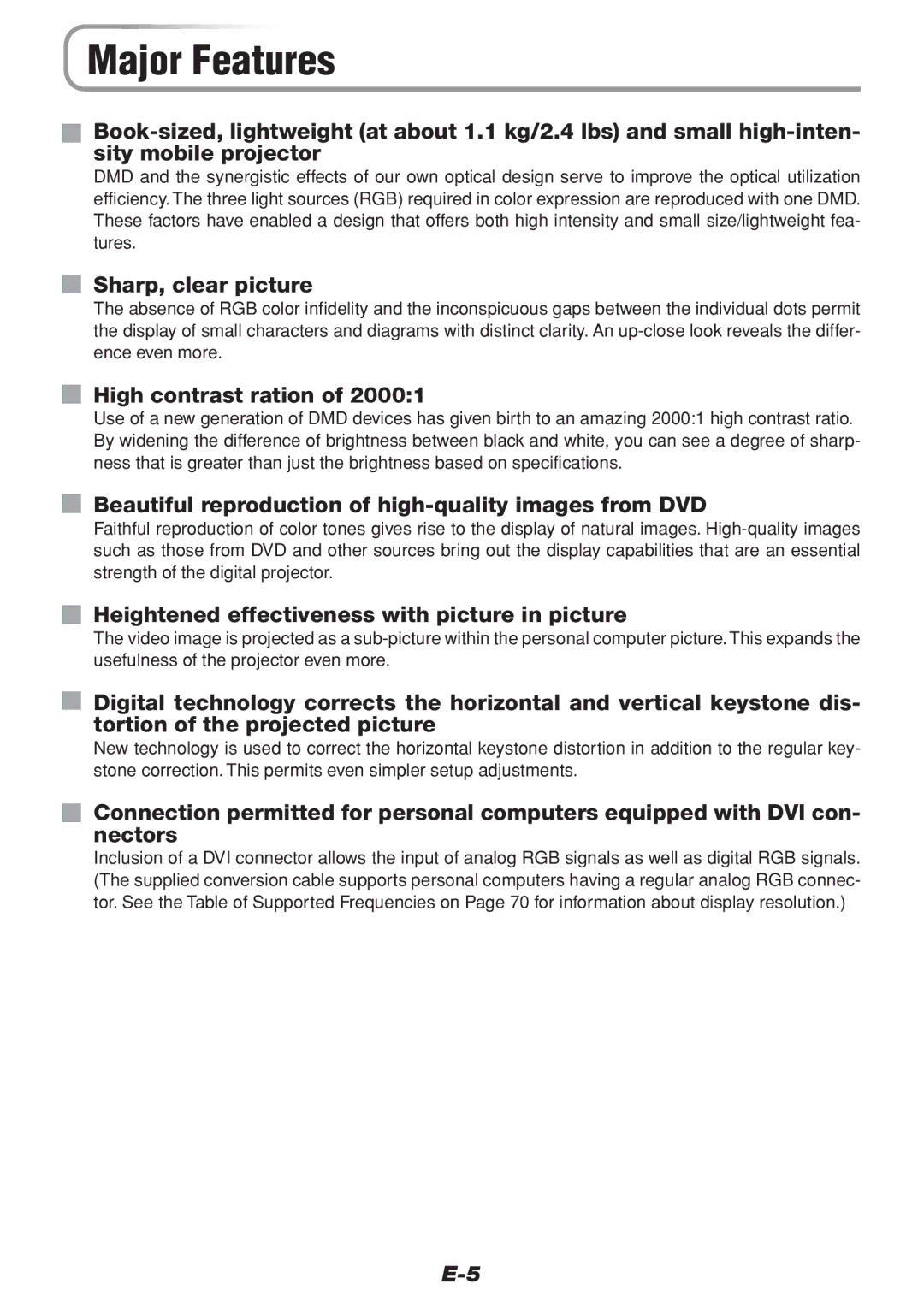 PLUS Vision V-1100Z user manual Major Features, Sharp, clear picture, High contrast ration 