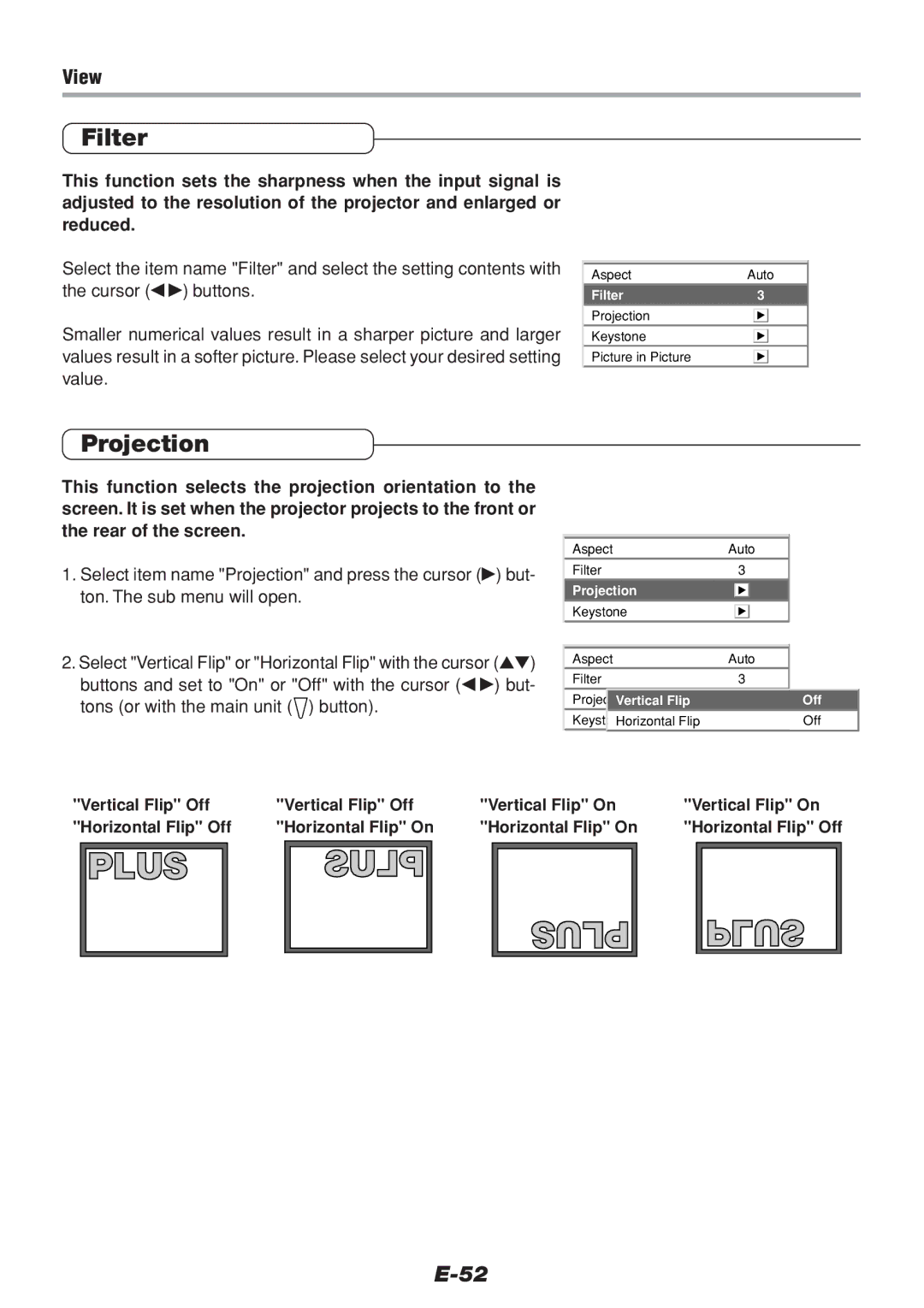 PLUS Vision V-1100Z user manual Filter, Projection, View 