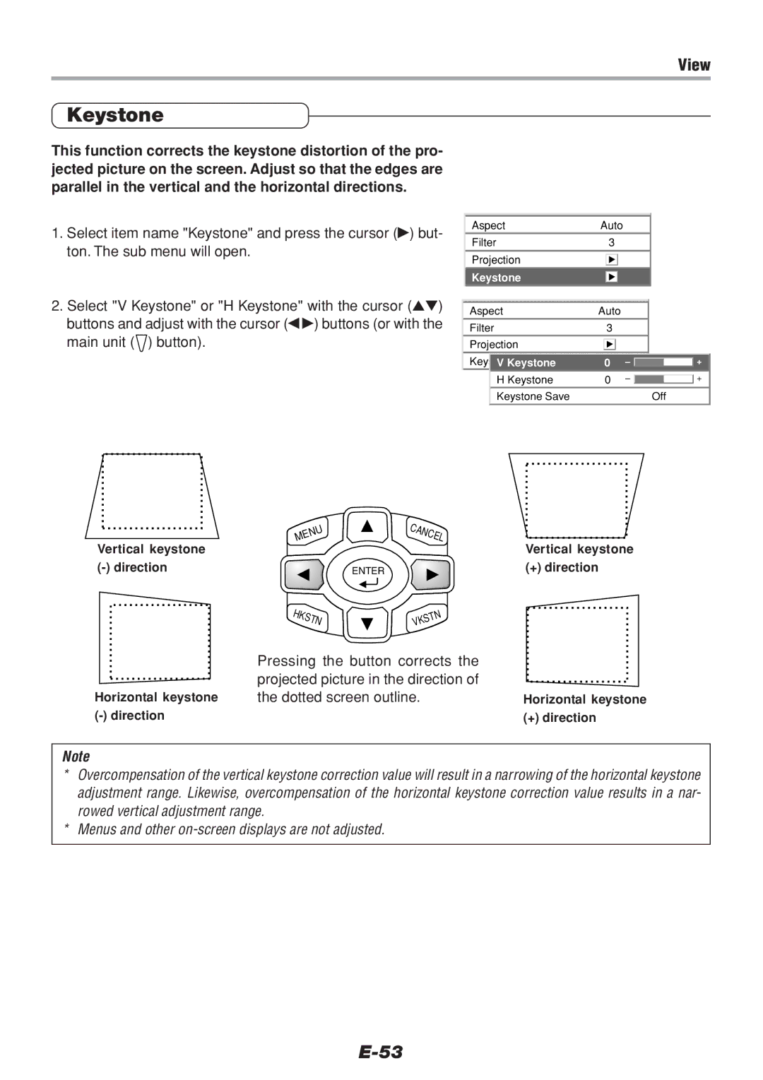 PLUS Vision V-1100Z user manual Keystone, Horizontal keystone the dotted screen outline 