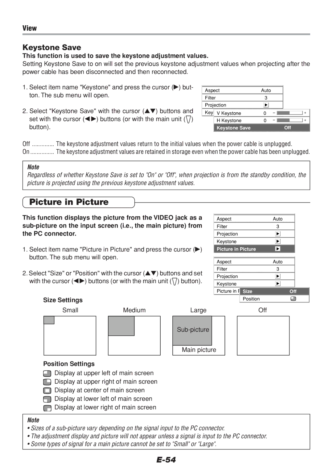 PLUS Vision V-1100Z user manual Picture in Picture, Keystone Save, Size Settings, Position Settings 