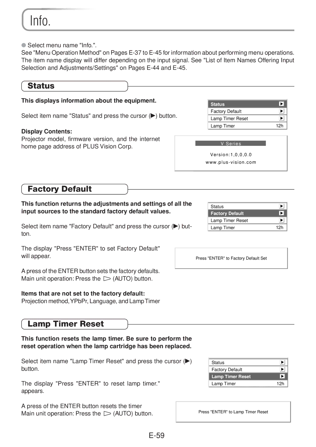 PLUS Vision V-1100Z user manual Info, Status, Factory Default, Lamp Timer Reset 