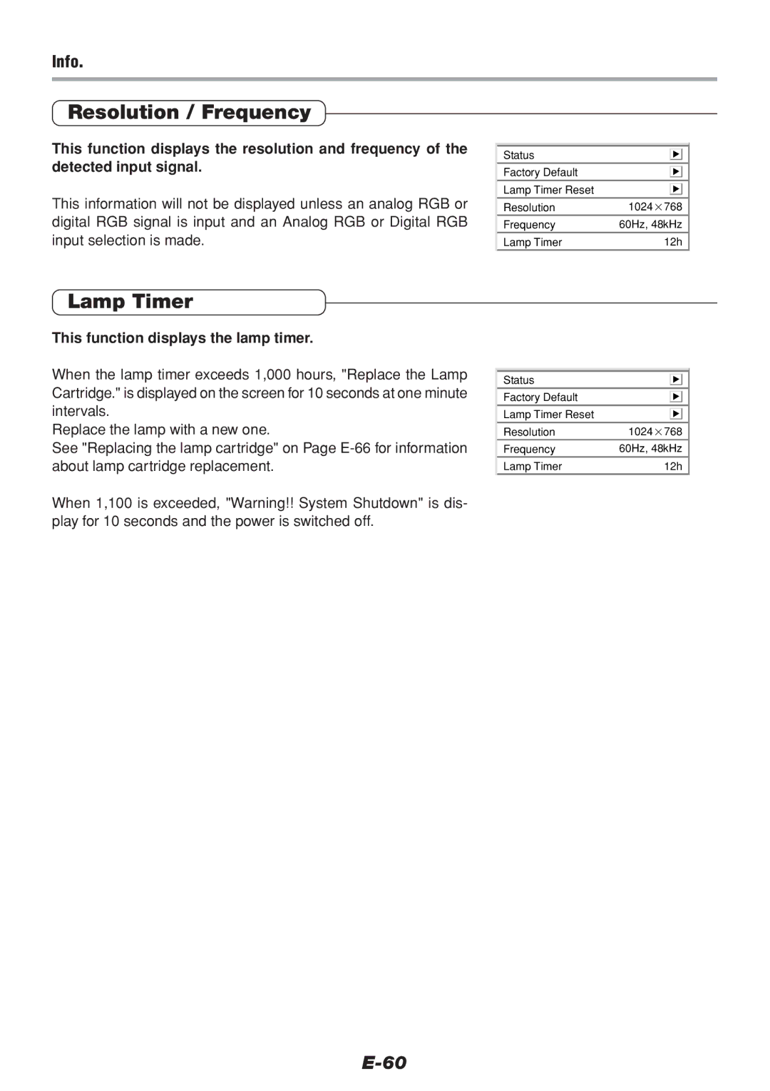 PLUS Vision V-1100Z user manual Resolution / Frequency, Lamp Timer, Info, This function displays the lamp timer 