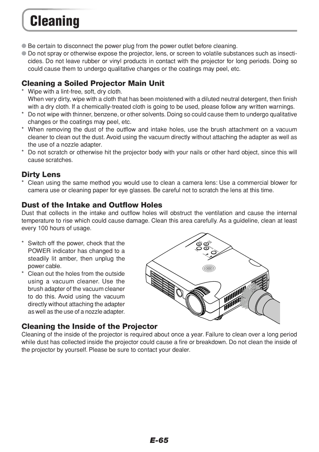 PLUS Vision V-1100Z user manual Cleaning a Soiled Projector Main Unit, Dirty Lens, Dust of the Intake and Outflow Holes 