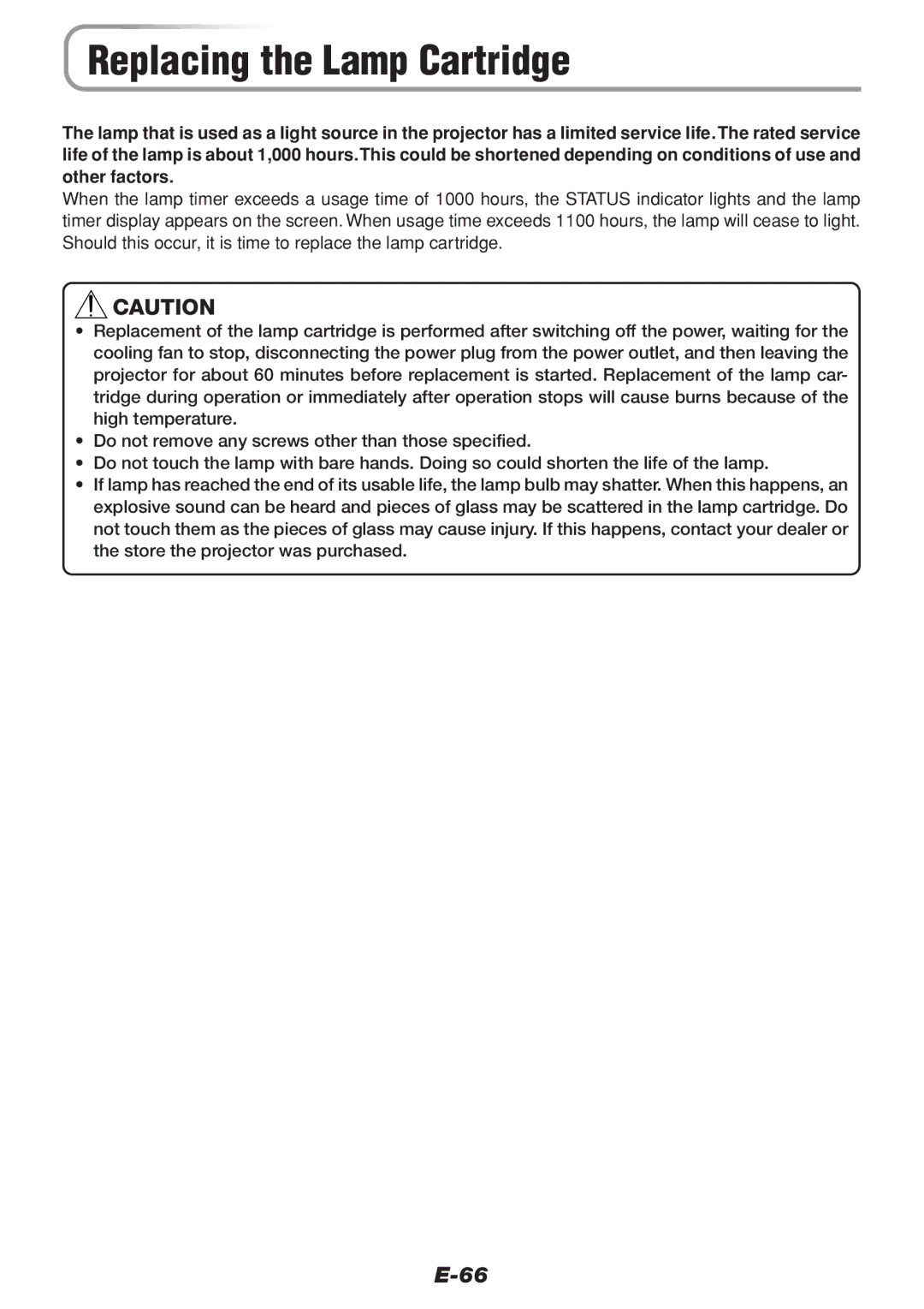 PLUS Vision V-1100Z user manual Replacing the Lamp Cartridge 