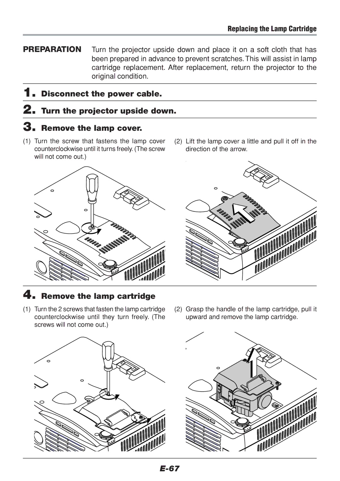 PLUS Vision V-1100Z user manual Remove the lamp cartridge, Replacing the Lamp Cartridge 