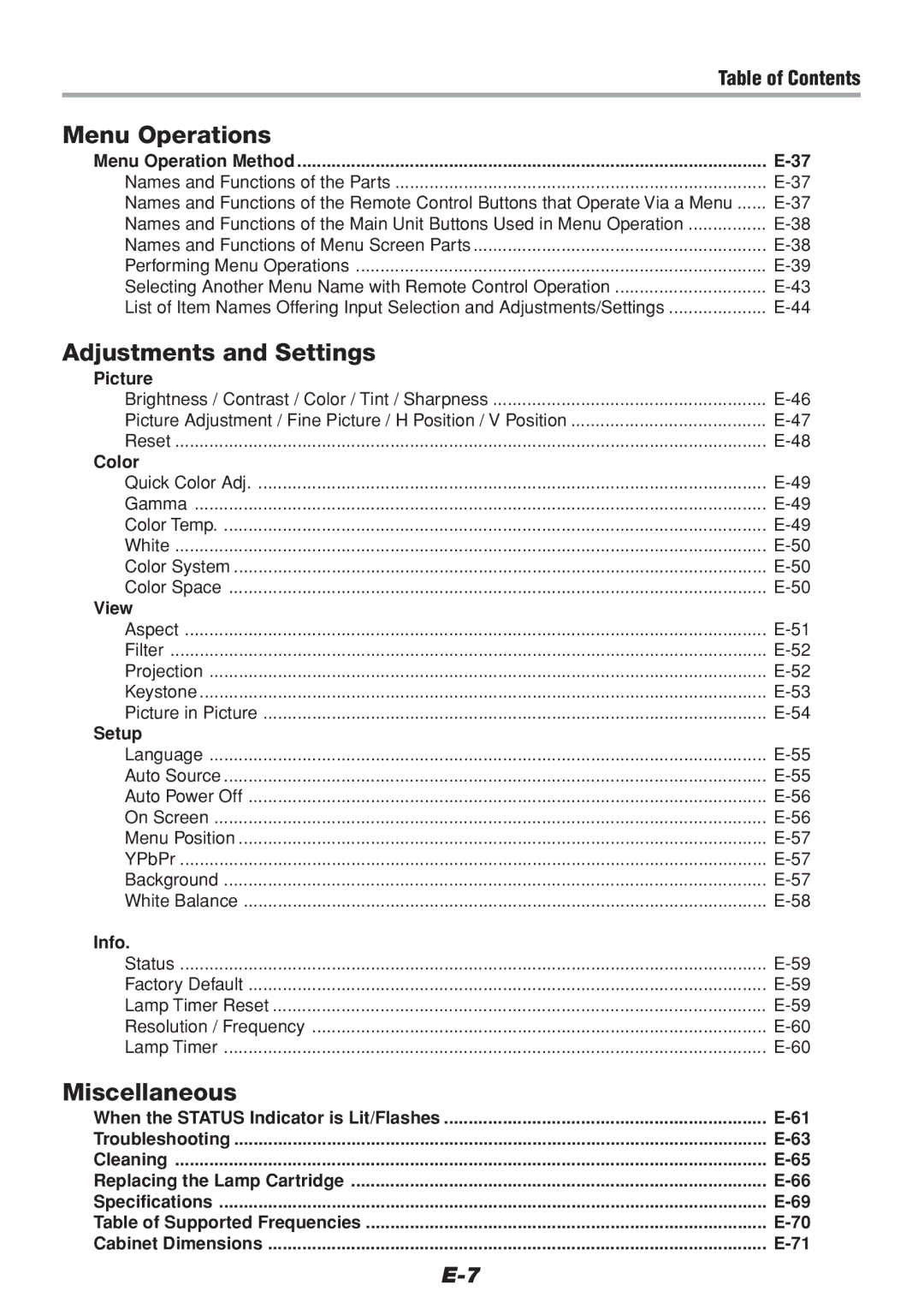 PLUS Vision V-1100Z user manual Menu Operations, Adjustments and Settings, Miscellaneous, Table of Contents 