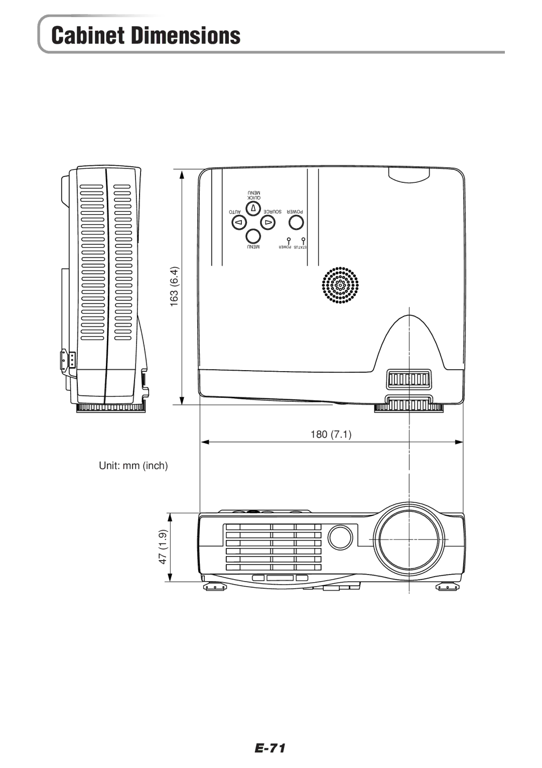 PLUS Vision V-1100Z user manual Cabinet Dimensions, 163, Unit mm inch 180 