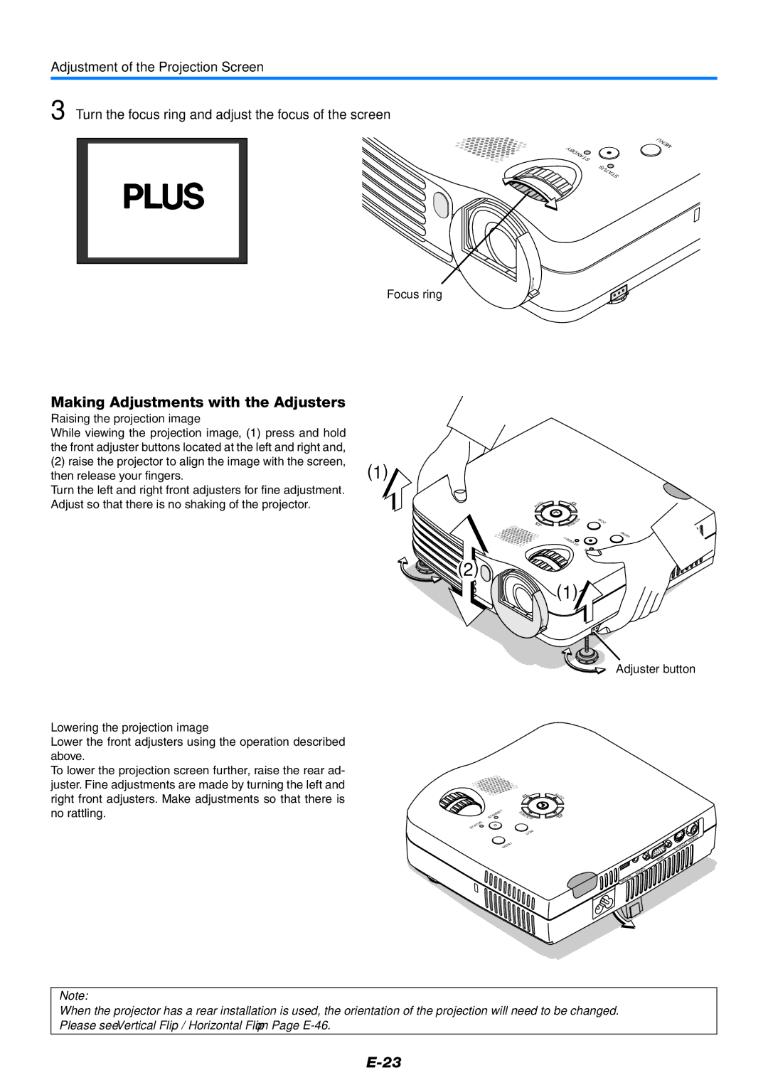 PLUS Vision V-339 Making Adjustments with the Adjusters, Focus ring, Raising the projection image, Adjuster button 