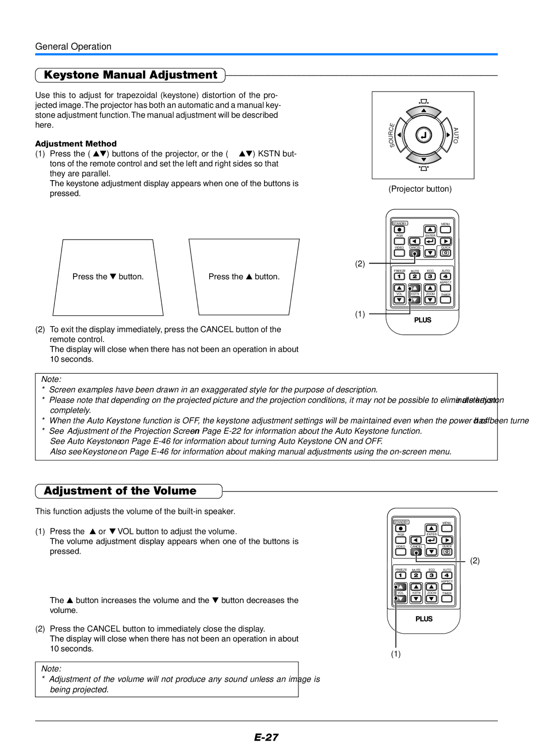 PLUS Vision V-339 user manual Keystone Manual Adjustment, Adjustment of the Volume, Projector button 