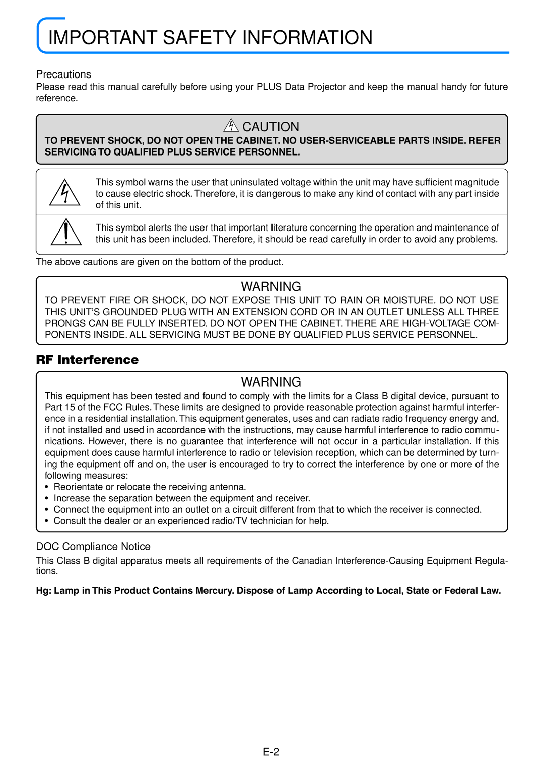 PLUS Vision V-339 user manual Precautions, DOC Compliance Notice 