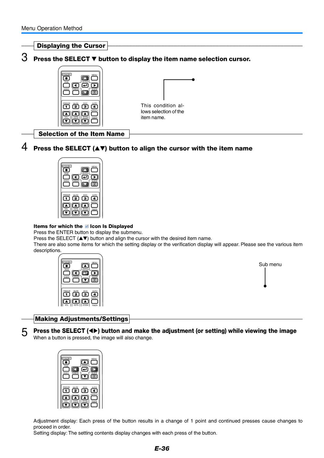 PLUS Vision V-339 user manual Making Adjustments/Settings, Sub menu 