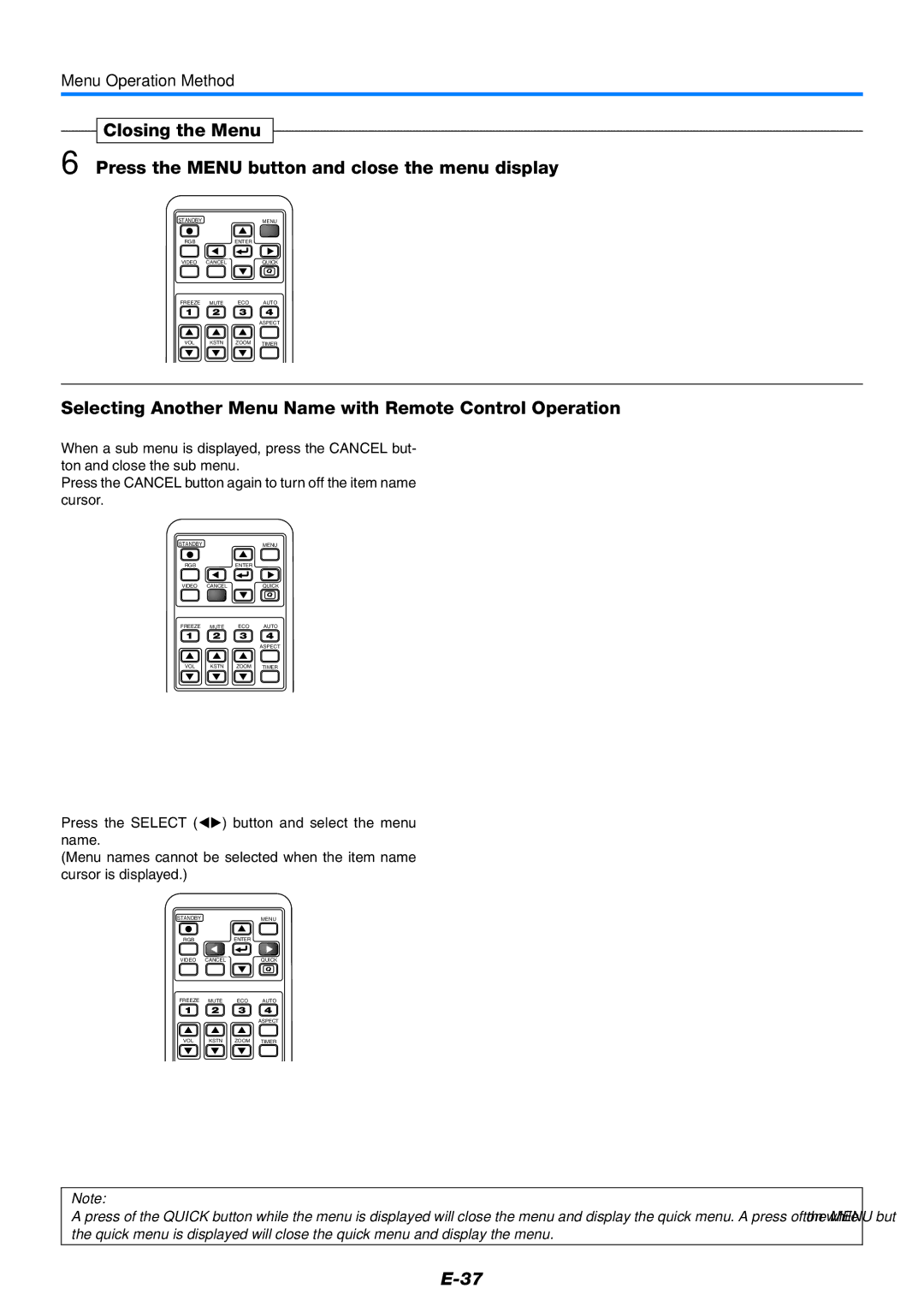 PLUS Vision V-339 user manual Selecting Another Menu Name with Remote Control Operation 