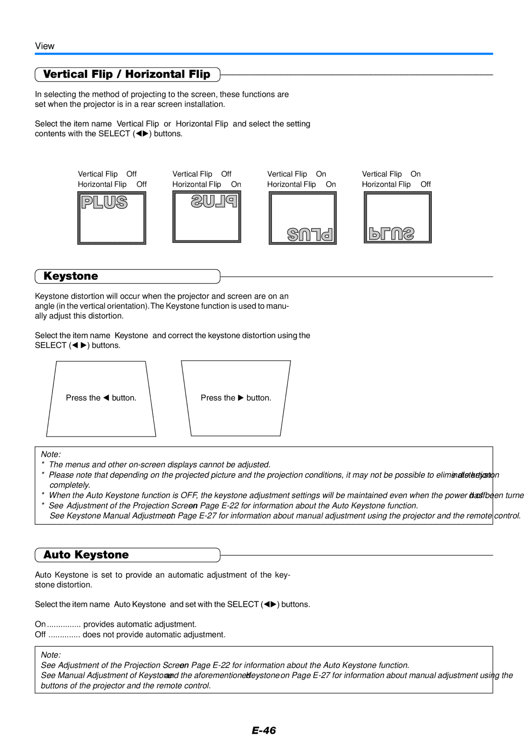 PLUS Vision V-339 user manual Vertical Flip / Horizontal Flip, Auto Keystone, View 