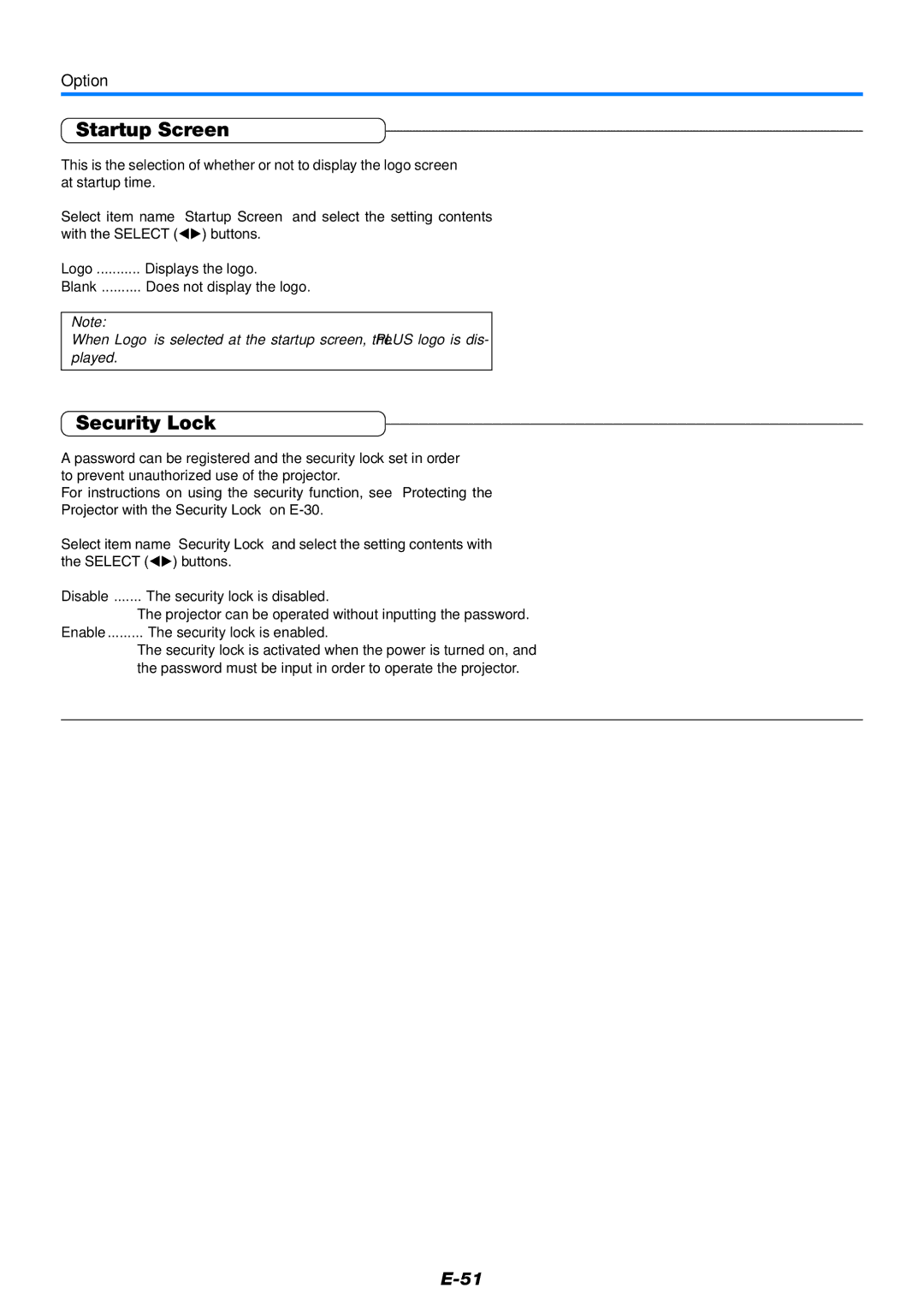 PLUS Vision V-339 user manual Startup Screen, Security Lock, Option 