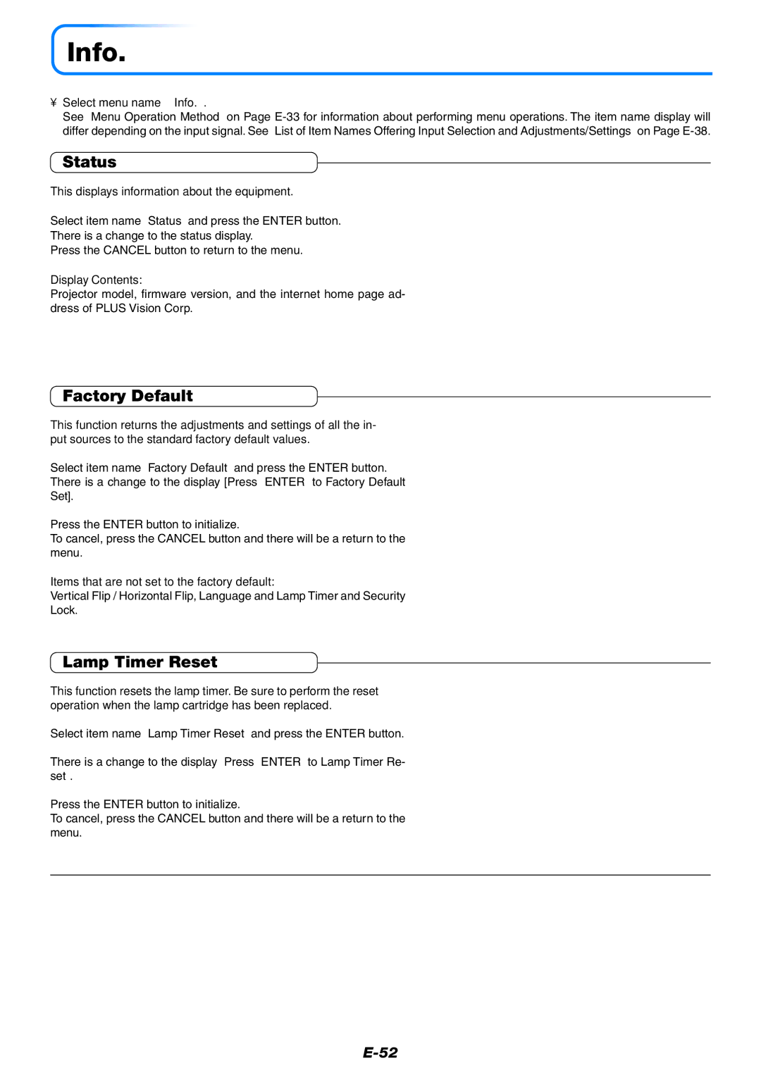 PLUS Vision V-339 user manual Info, Status, Factory Default, Lamp Timer Reset 