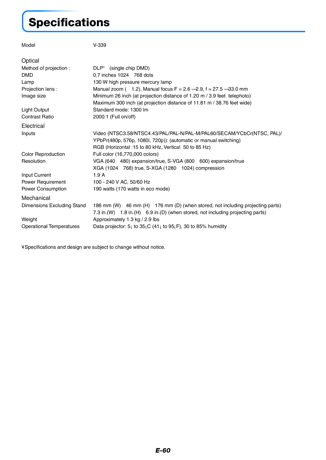 PLUS Vision V-339 user manual Specifications, Optical, Electrical, Mechanical 