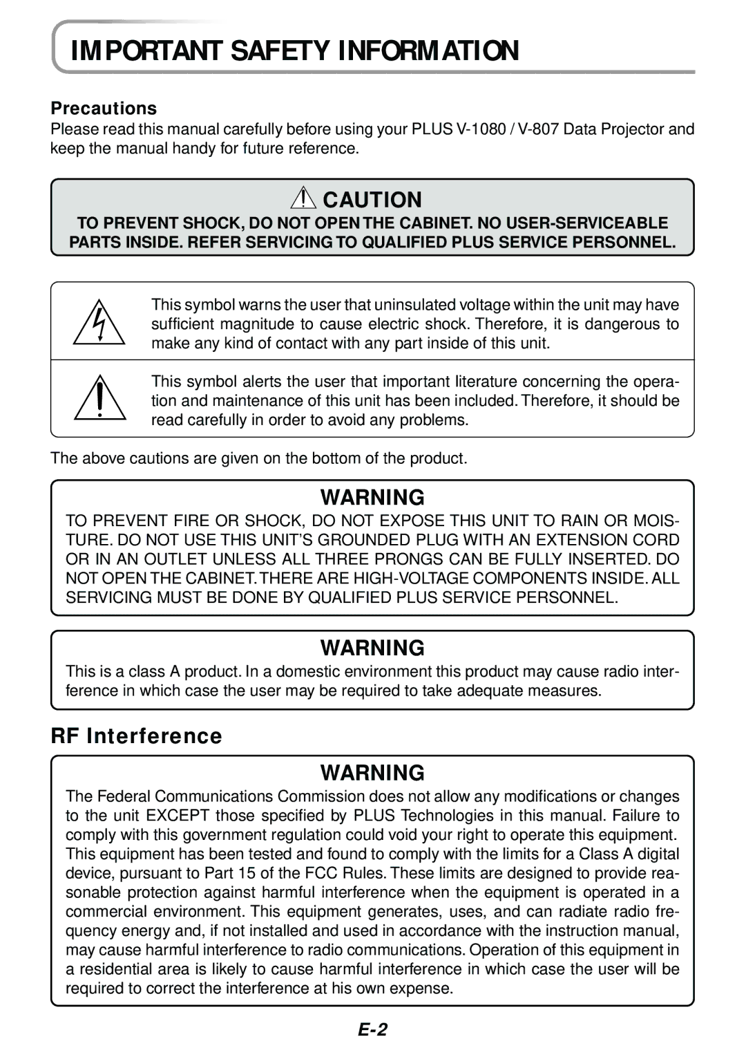 PLUS Vision V-807, V-1080 user manual Important Safety Information, Precautions 