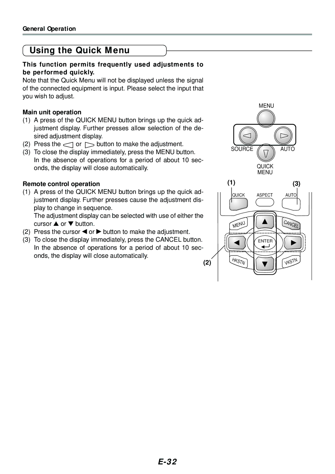 PLUS Vision V-807, V-1080 user manual Using the Quick Menu, Remote control operation 