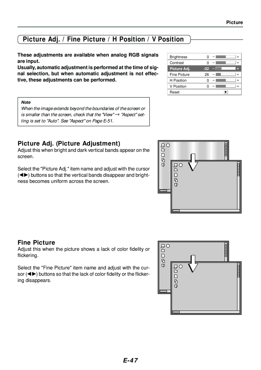 PLUS Vision V-1080 Picture Adj. / Fine Picture / H Position / V Position, Picture Adj. Picture Adjustment, Ing disappears 