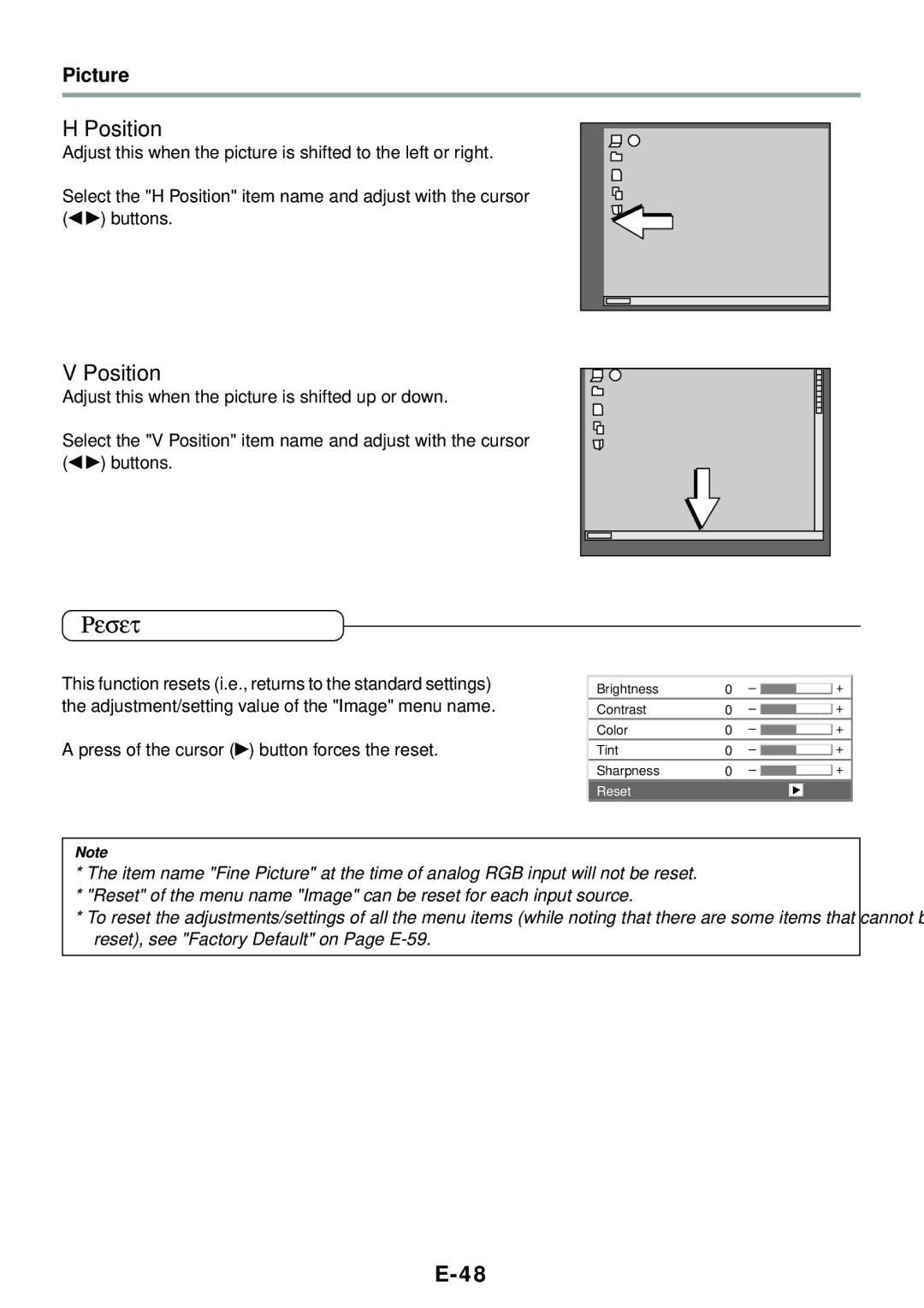 PLUS Vision V-807, V-1080 user manual Reset, Position, Adjustment/setting value of the Image menu name 