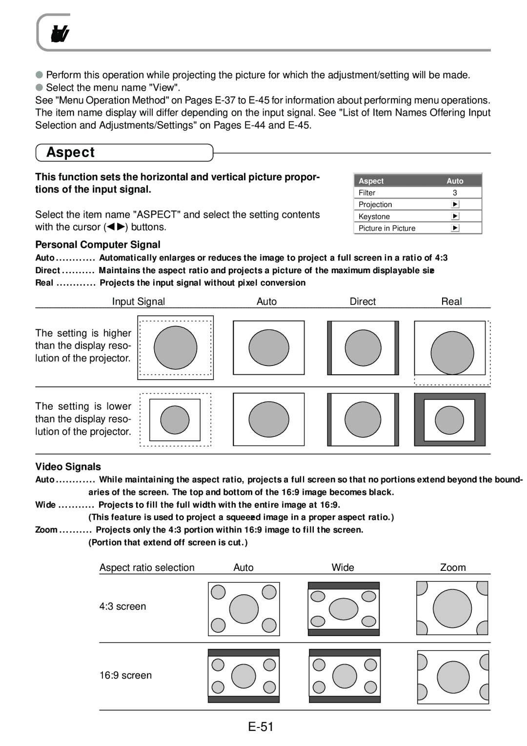 PLUS Vision V-1080, V-807 user manual View, Aspect, Personal Computer Signal, Video Signals 