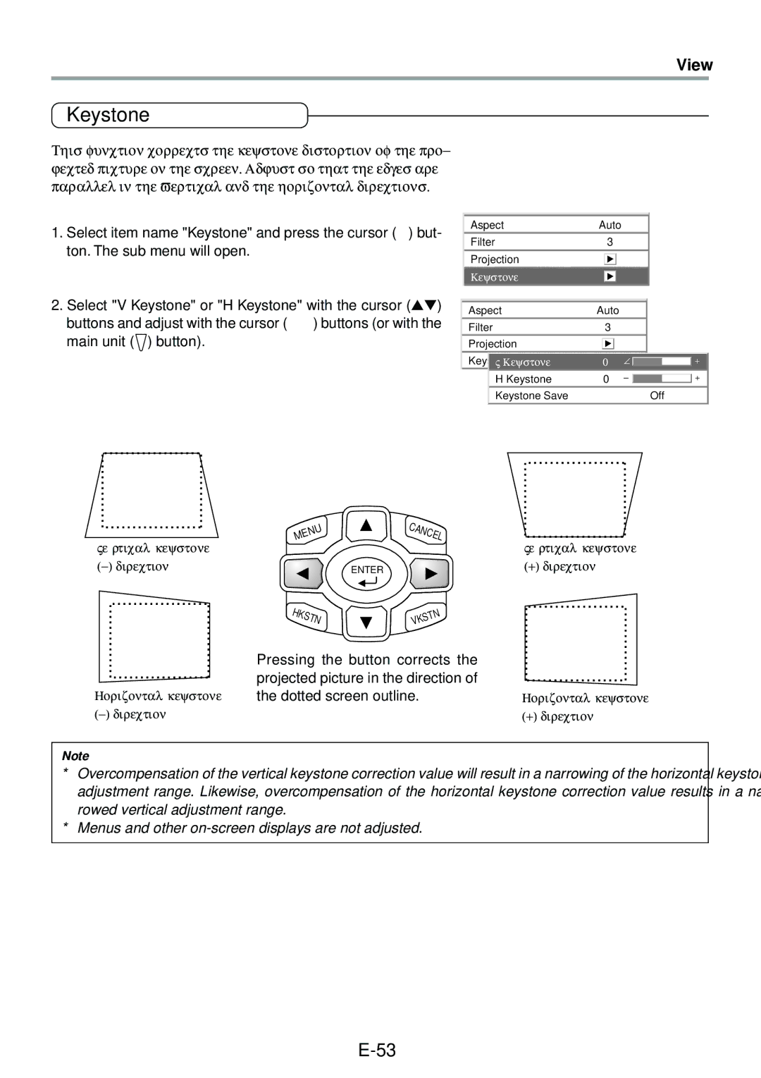 PLUS Vision V-1080, V-807 user manual Keystone, Horizontal keystone the dotted screen outline 