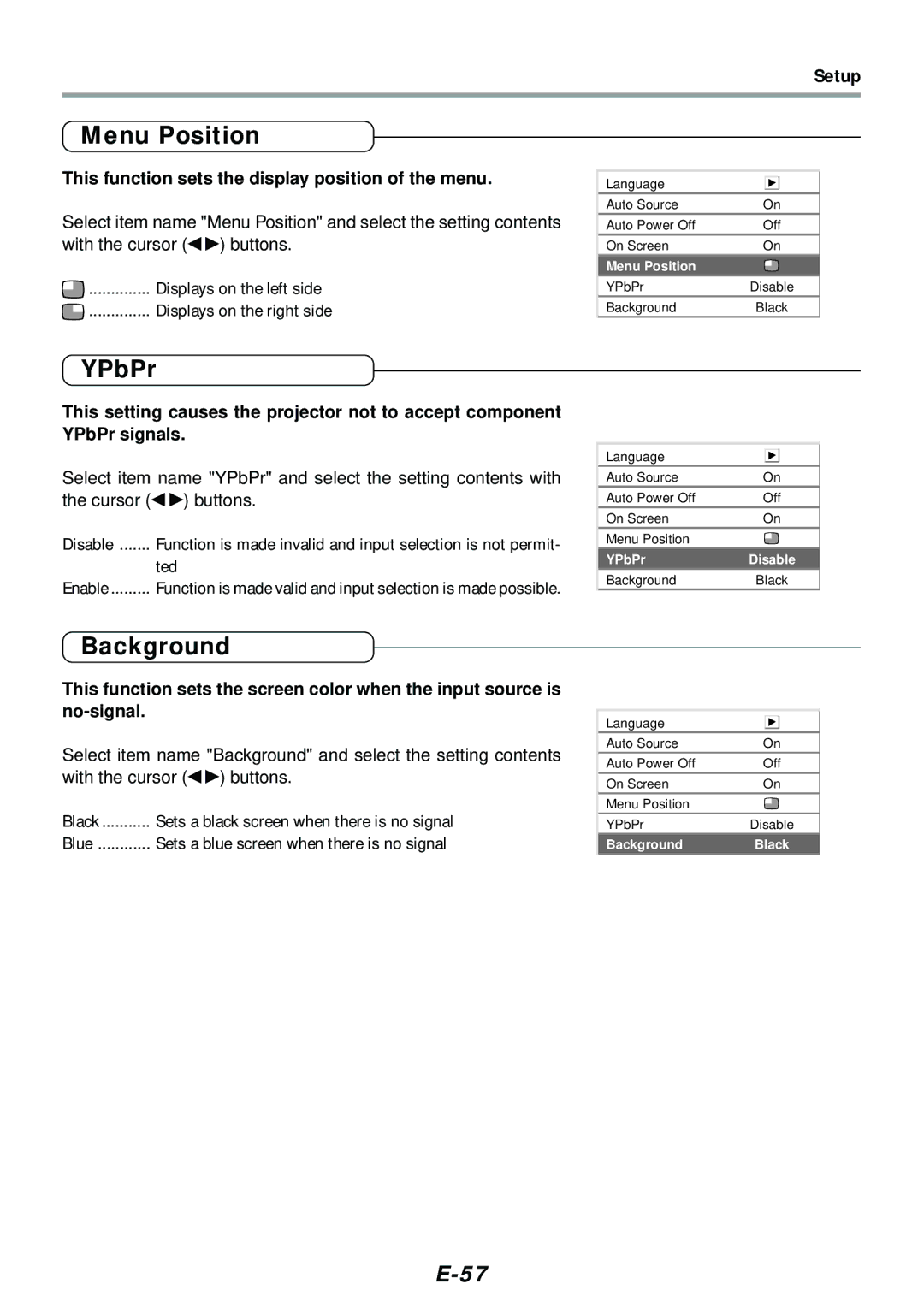 PLUS Vision V-1080, V-807 Menu Position, YPbPr, Background, This function sets the display position of the menu, Ted 