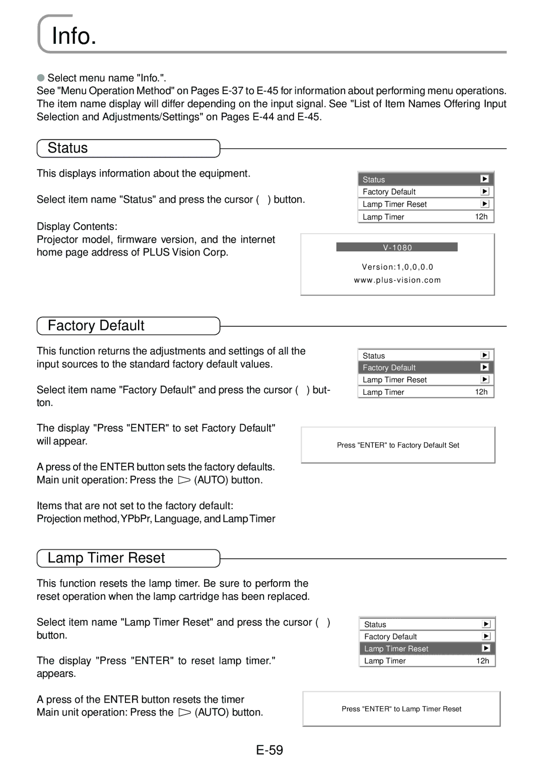 PLUS Vision V-1080, V-807 user manual Info, Status, Factory Default, Lamp Timer Reset 