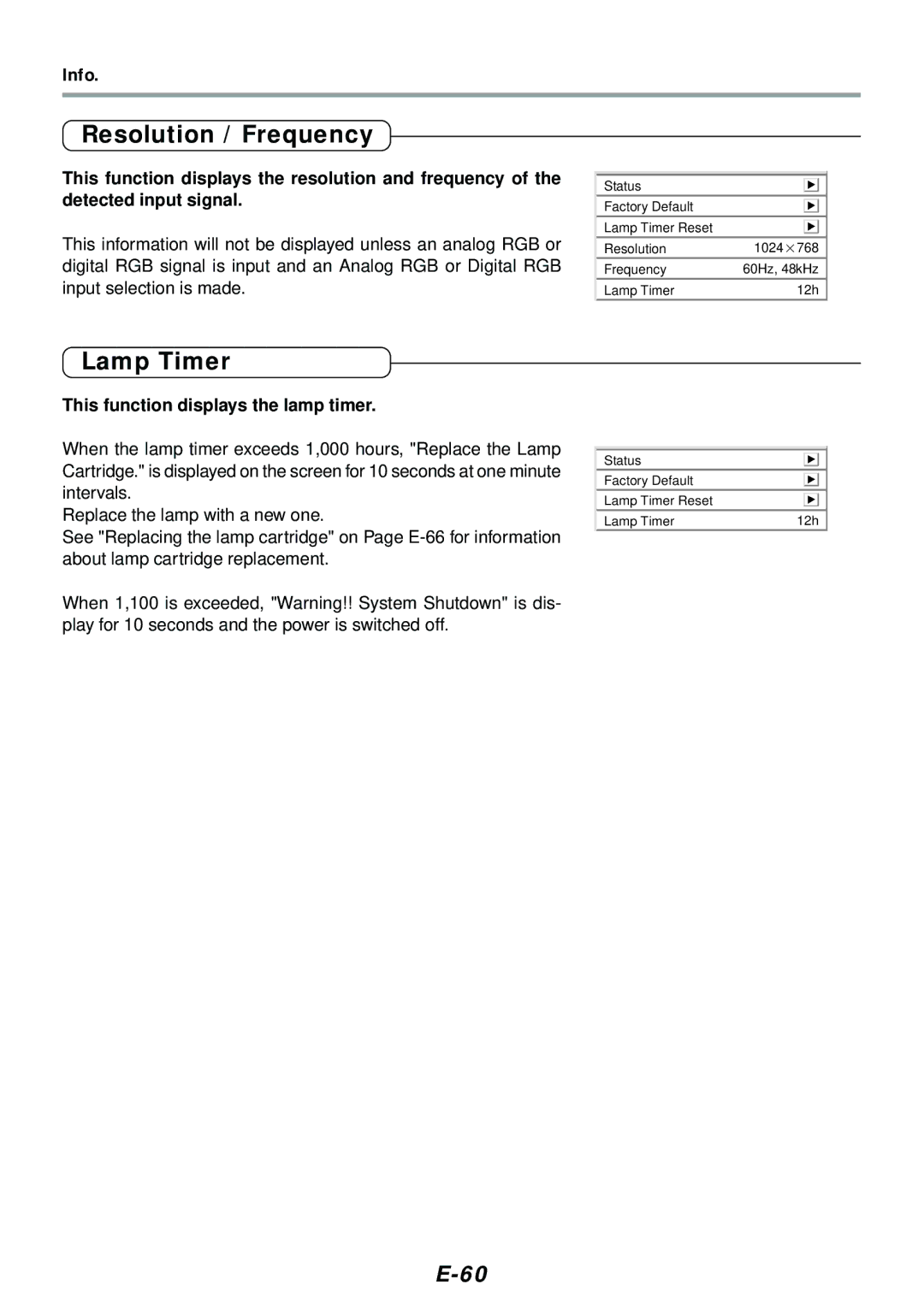 PLUS Vision V-807, V-1080 user manual Resolution / Frequency, Lamp Timer, Info, This function displays the lamp timer 