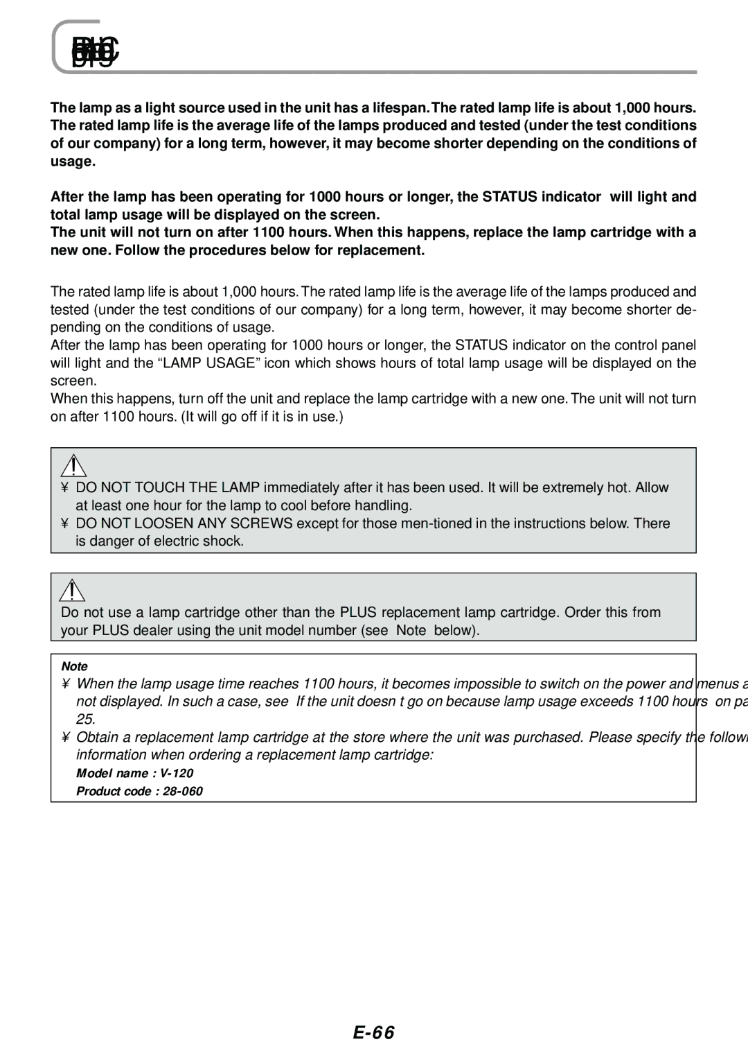 PLUS Vision V-807, V-1080 user manual Replacing the Lamp Cartridge 