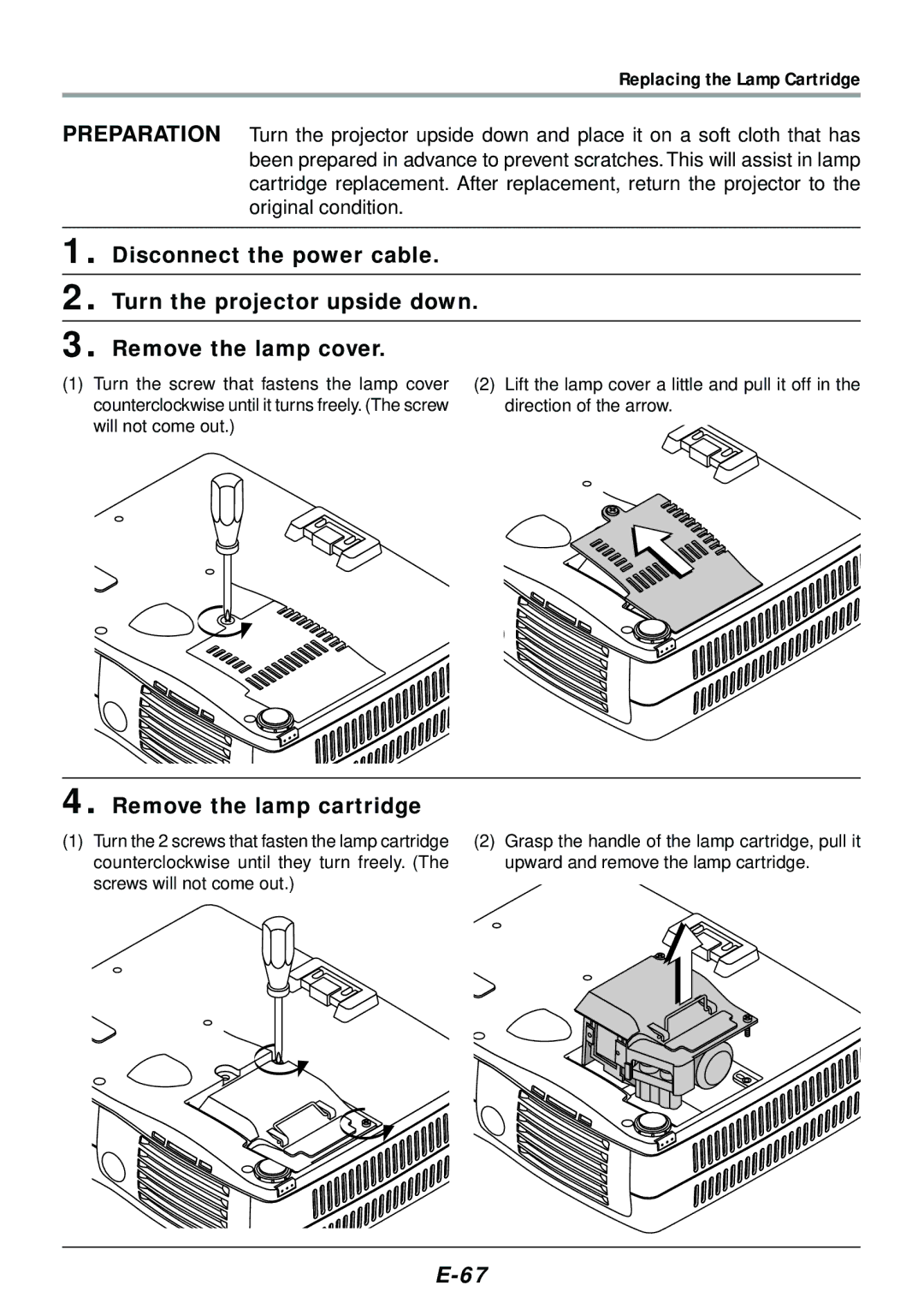 PLUS Vision V-1080, V-807 user manual Remove the lamp cartridge, Replacing the Lamp Cartridge 