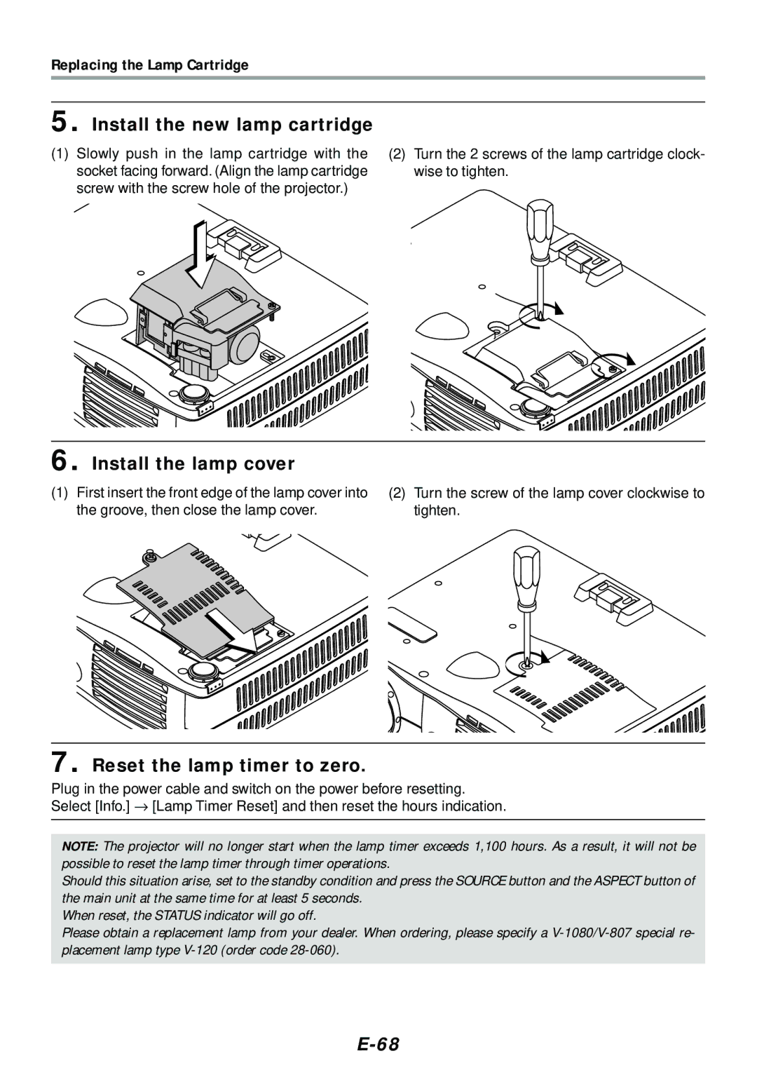 PLUS Vision V-807, V-1080 user manual Install the new lamp cartridge, Install the lamp cover, Reset the lamp timer to zero 