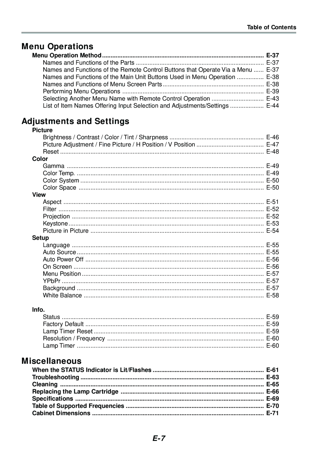 PLUS Vision V-1080, V-807 user manual Menu Operations, Adjustments and Settings, Miscellaneous, Table of Contents 