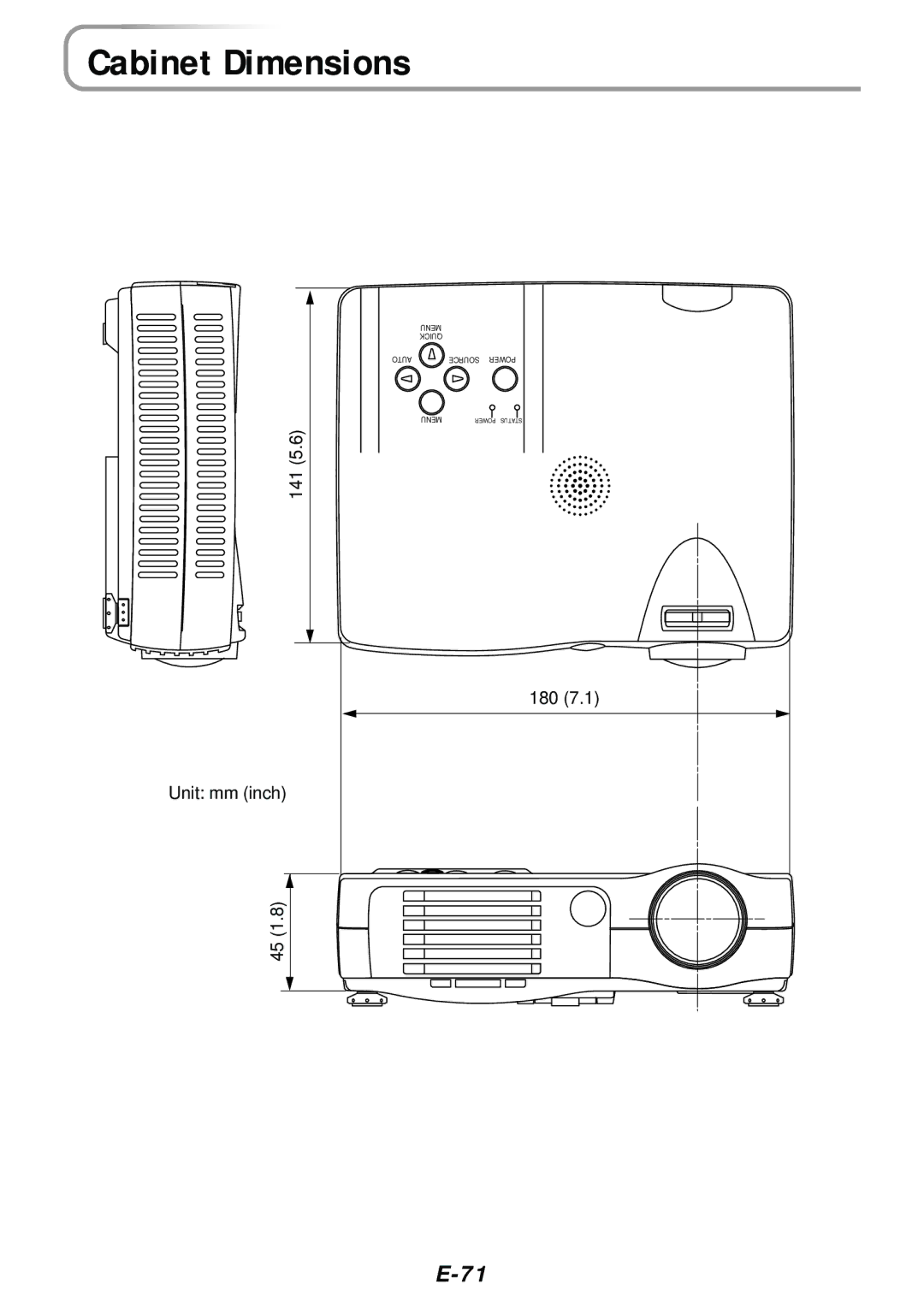 PLUS Vision V-1080, V-807 user manual Cabinet Dimensions, 141, Unit mm inch 180 