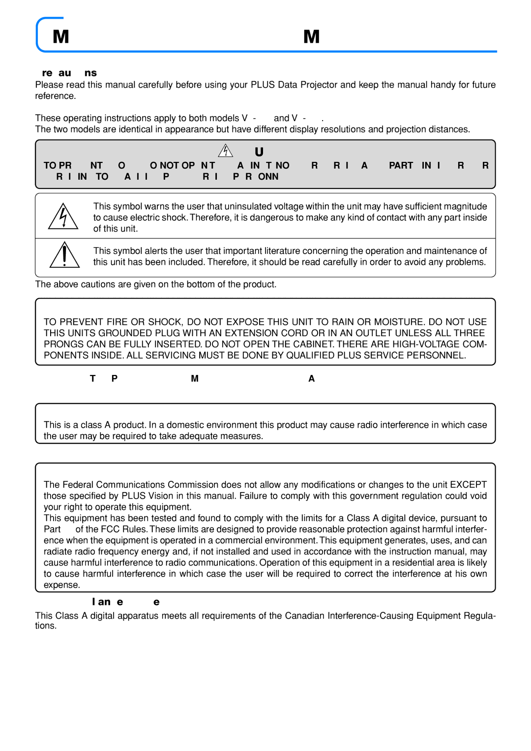 PLUS Vision V3-111, V3-131 user manual Precautions, DOC Compliance Notice 