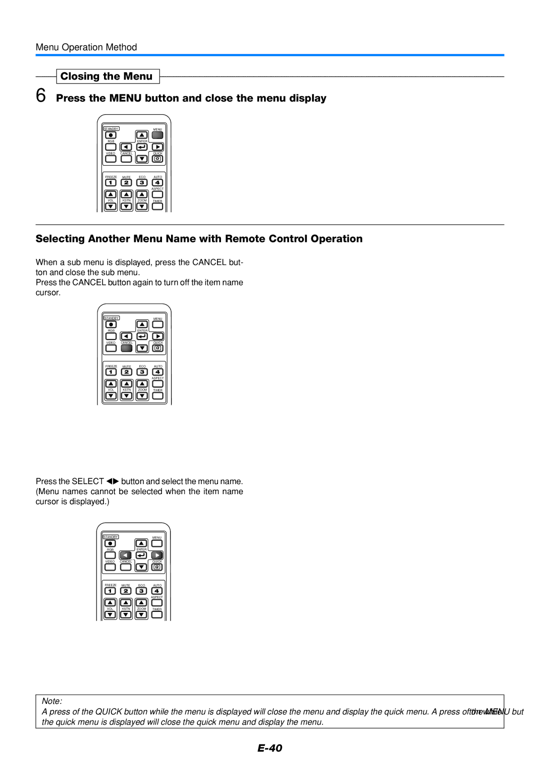 PLUS Vision V3-111, V3-131 user manual Selecting Another Menu Name with Remote Control Operation 