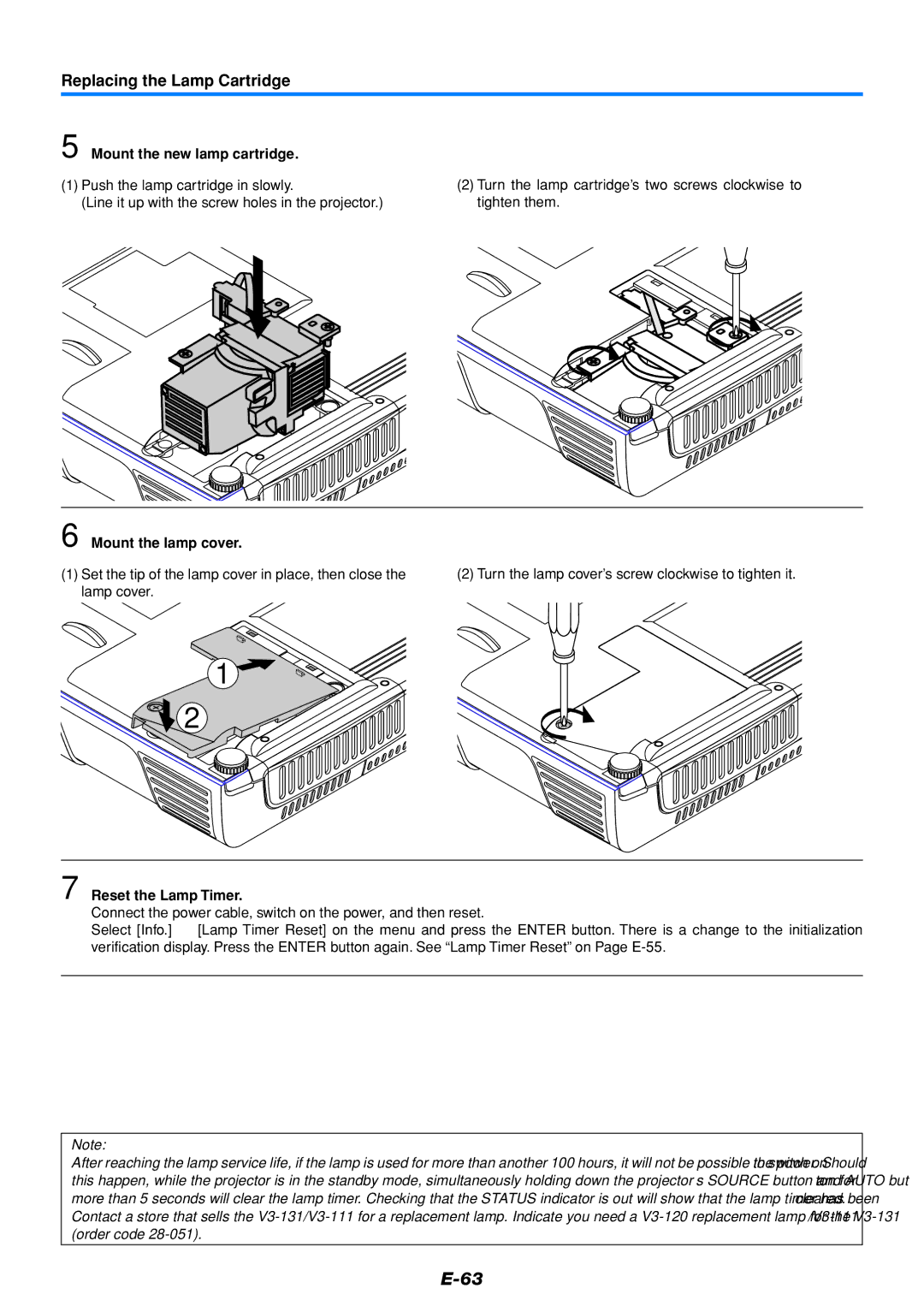 PLUS Vision V3-131, V3-111 user manual Mount the new lamp cartridge, Mount the lamp cover, Reset the Lamp Timer 