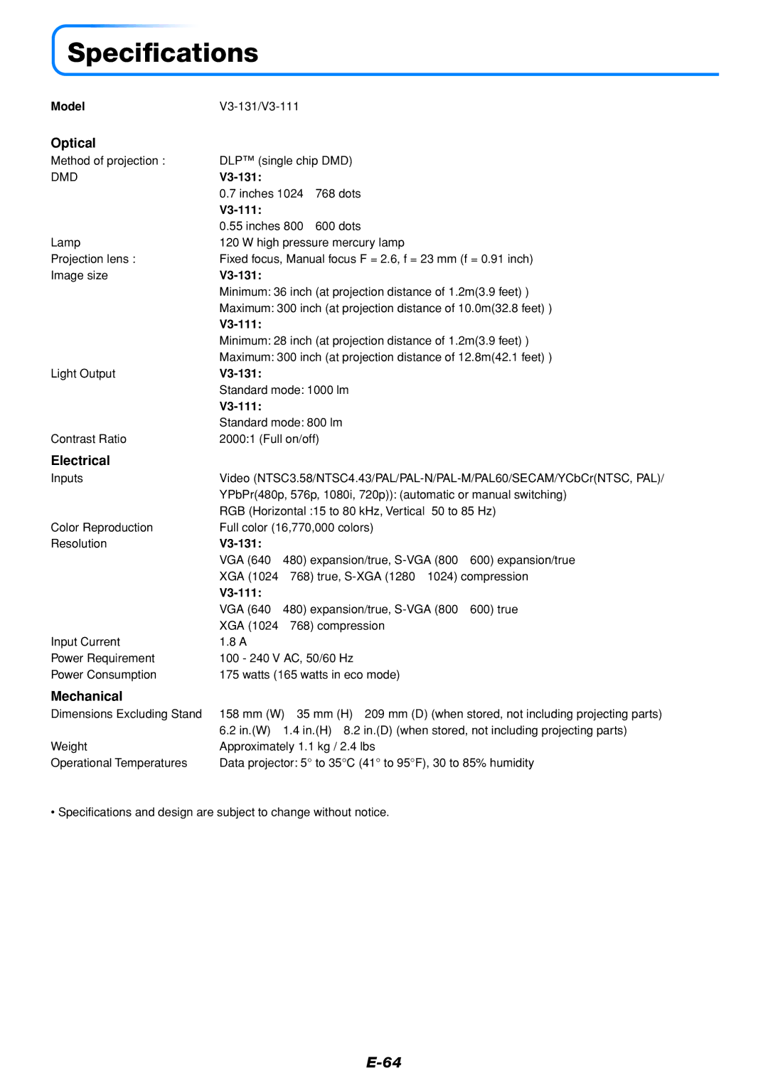 PLUS Vision V3-111, V3-131 user manual Specifications, Optical, Electrical, Mechanical 