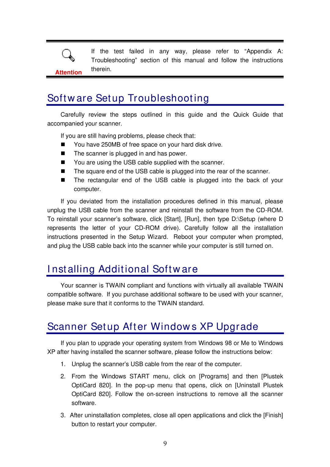 Plustek 820 manual Software Setup Troubleshooting, Installing Additional Software, Scanner Setup After Windows XP Upgrade 