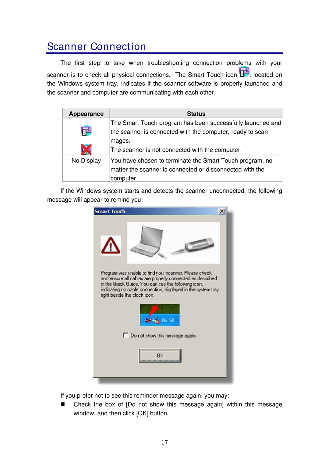 Plustek 820 manual Scanner Connection, Appearance Status 