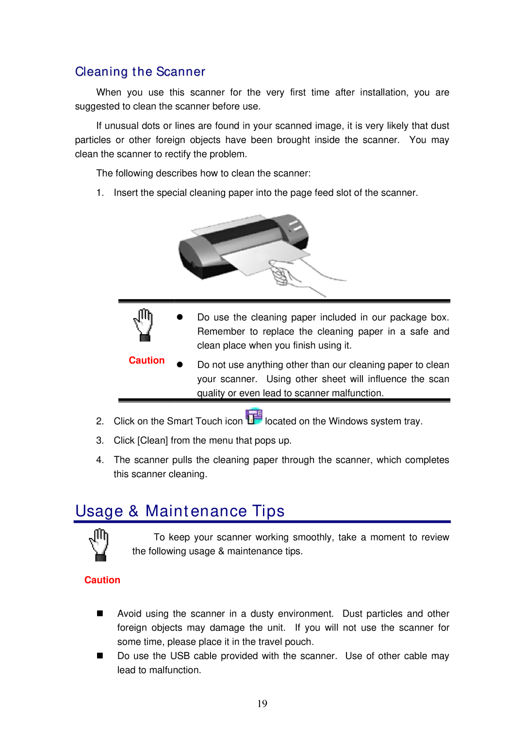 Plustek 820 manual Usage & Maintenance Tips, Cleaning the Scanner 