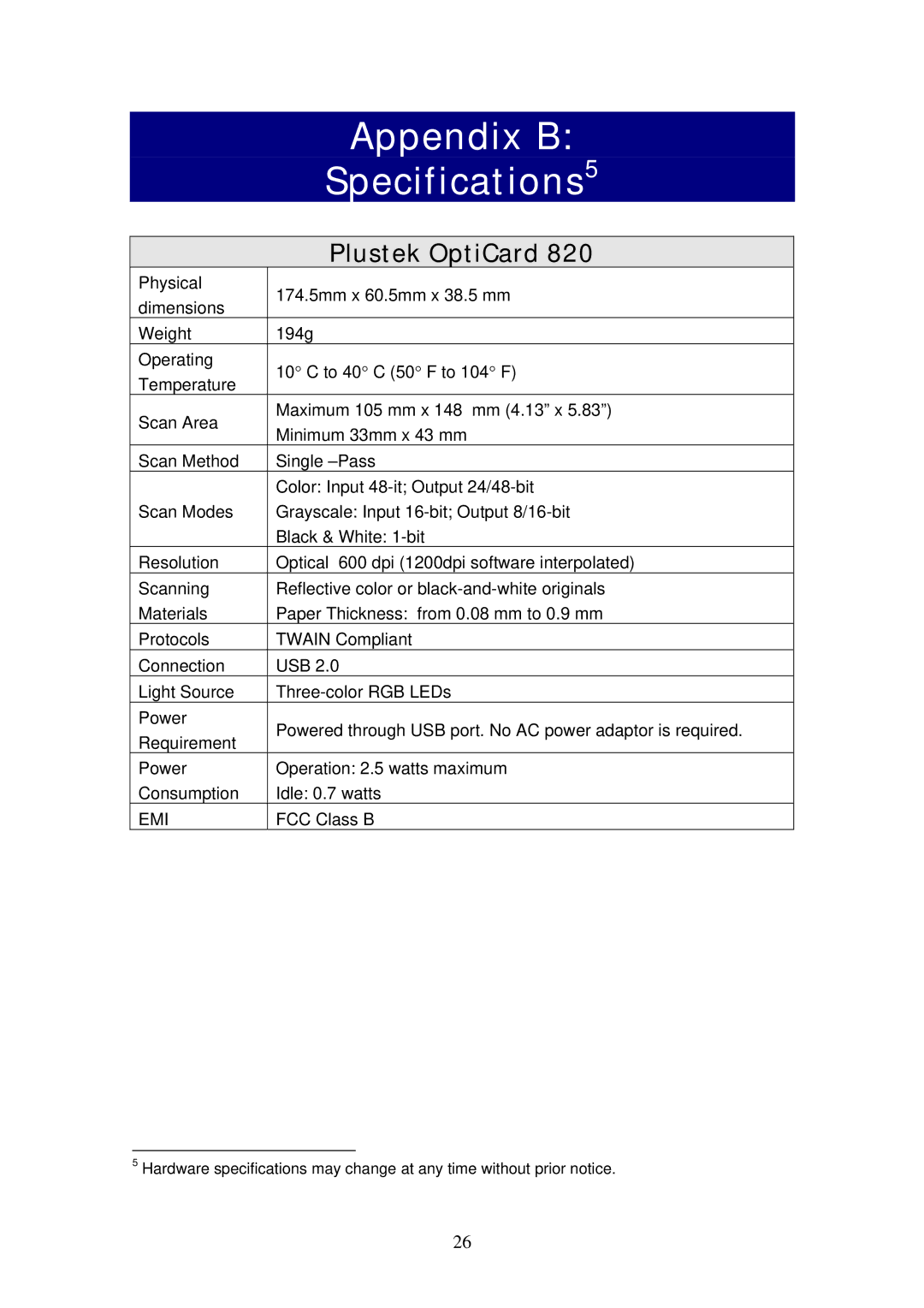 Plustek 820 manual Appendix B Specifications5, Plustek OptiCard 