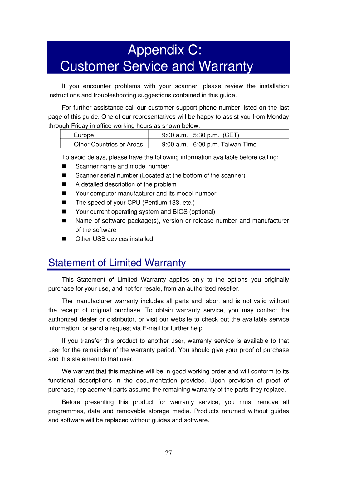 Plustek 820 manual Appendix C Customer Service and Warranty, Statement of Limited Warranty 