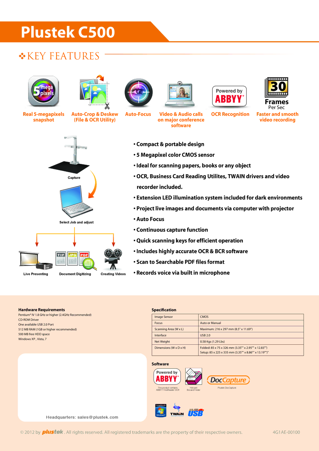 Plustek C500 manual Recorder included, Auto Focus, Continuous capture function, Quick scanning keys for efficient operation 