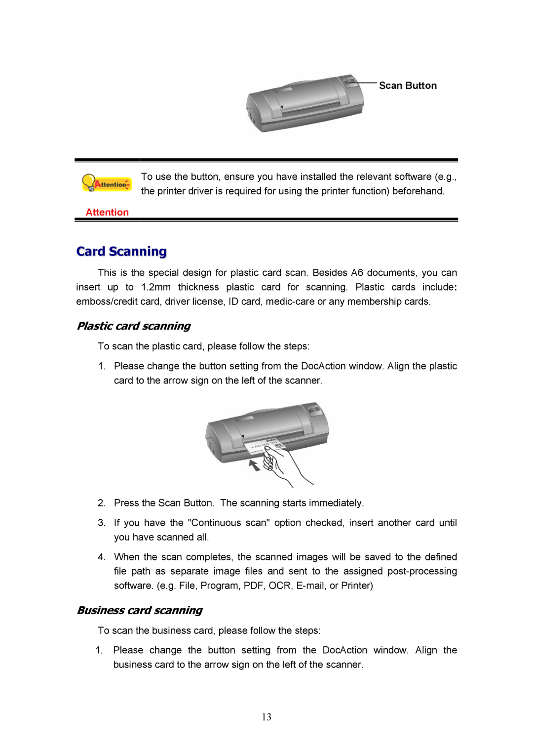 Plustek MobileOffice Scanner, D600 manual Card Scanning, Scan Button 