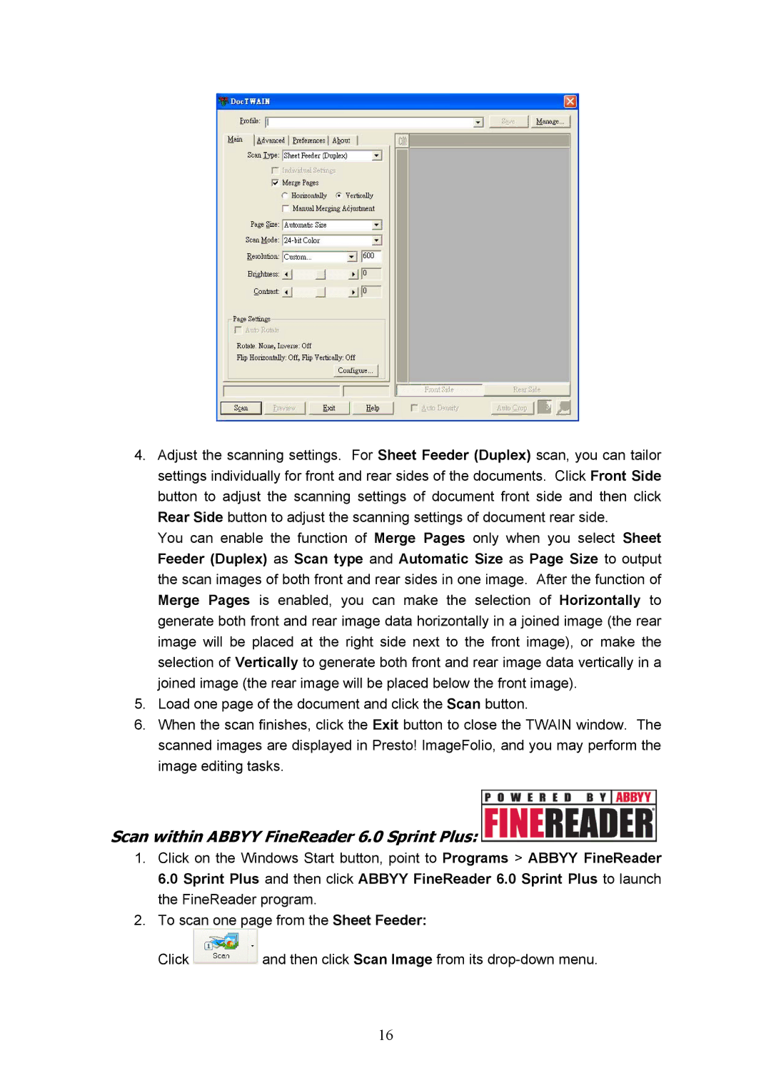 Plustek D600, MobileOffice Scanner manual Scan within Abbyy FineReader 6.0 Sprint Plus 