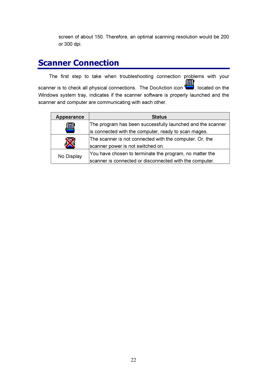 Plustek D600, MobileOffice Scanner manual Scanner Connection, Appearance Status 