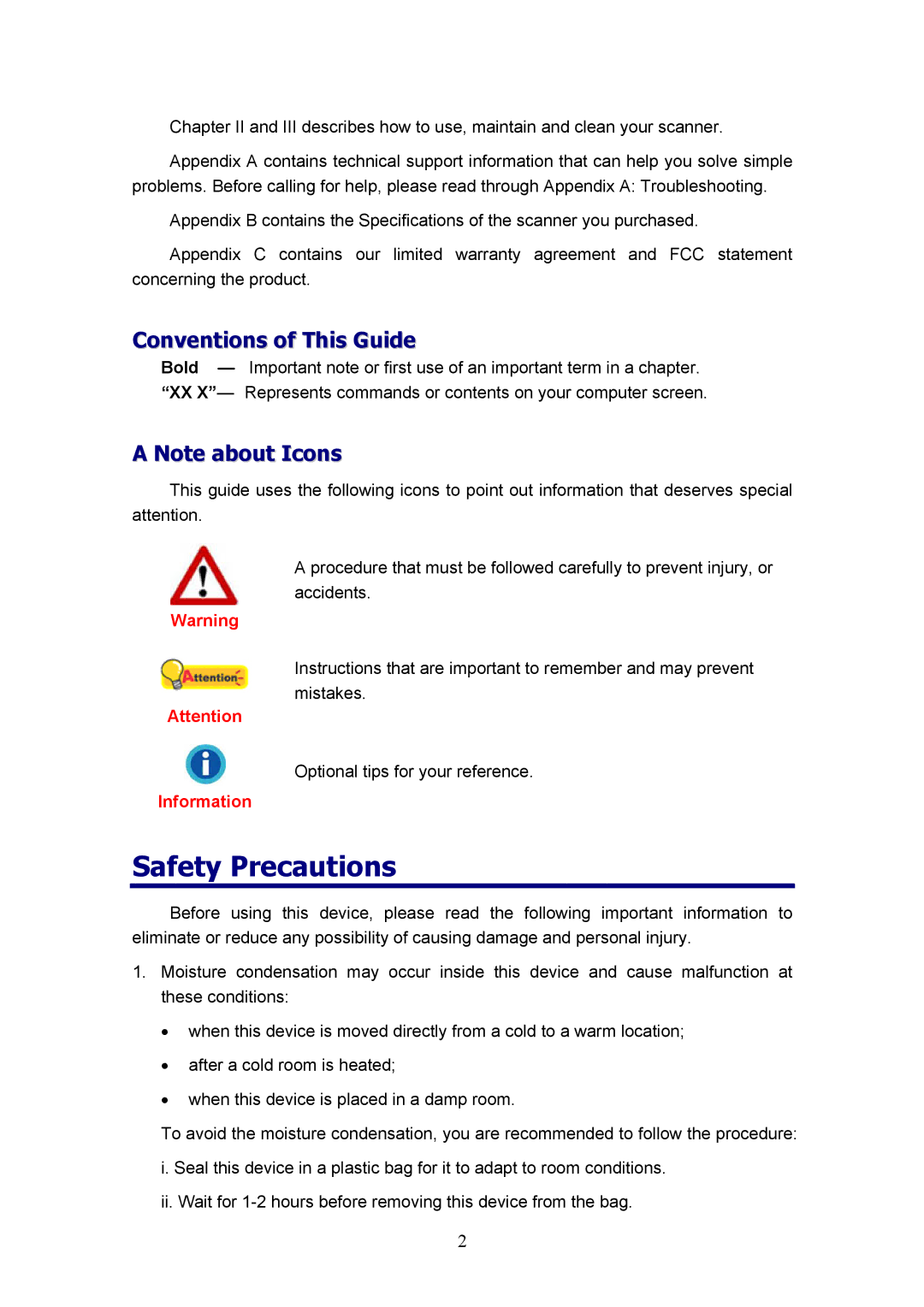 Plustek D600, MobileOffice Scanner manual Safety Precautions, Conventions of This Guide 