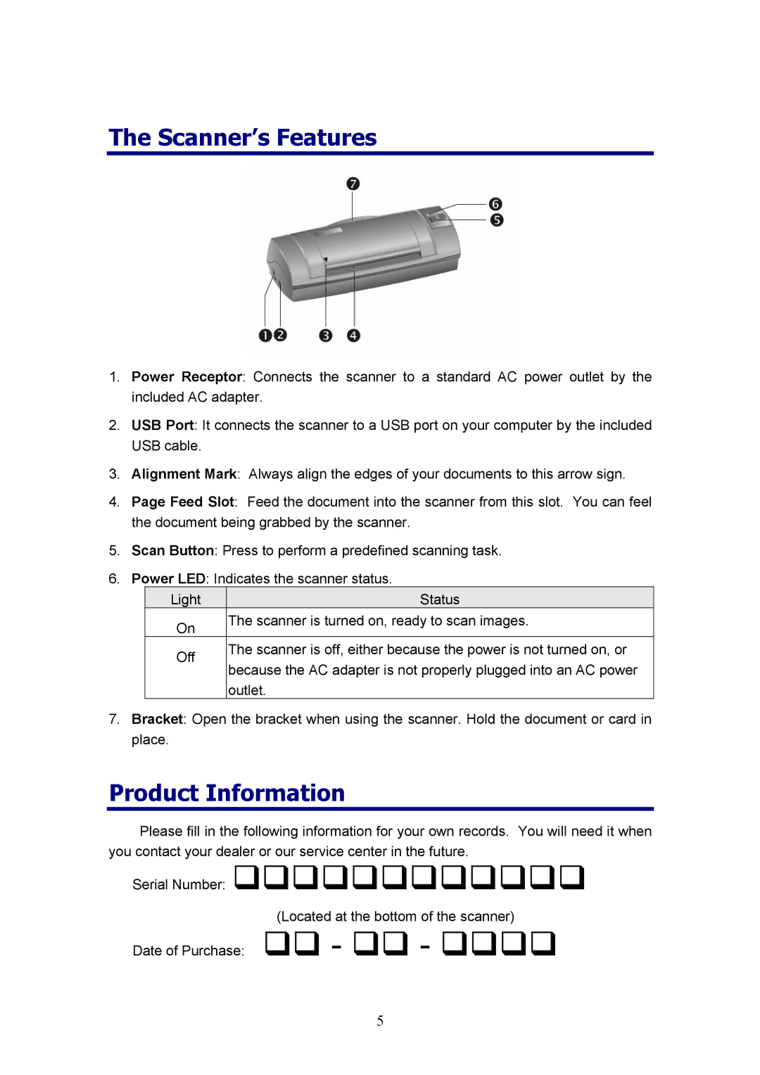 Plustek MobileOffice Scanner, D600 manual Scanner’s Features, Product Information 